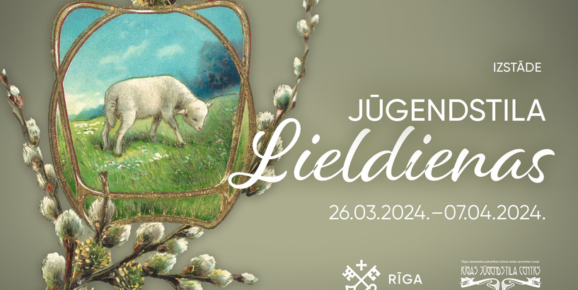 Plakāts Lieldienu pasākumiem Jūgendstila muzejā ar pūpoliem un jēriņu ganībās