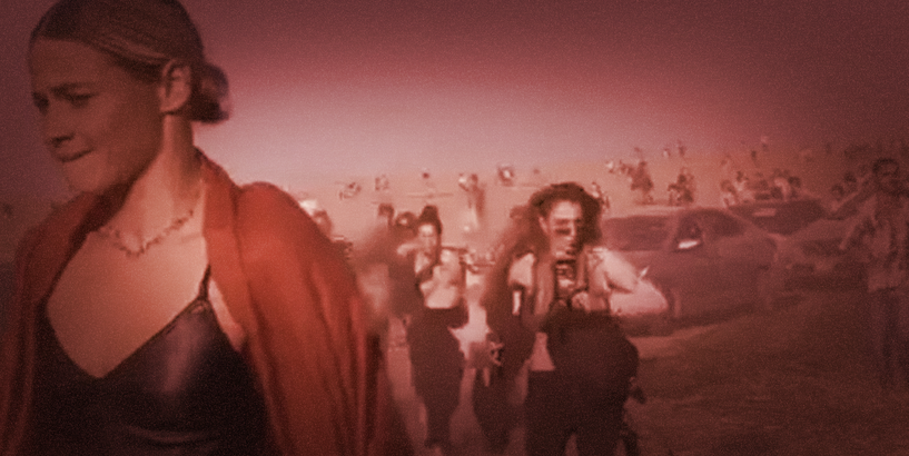 Skrejoši cilvēki, kas bēg no teroristu grupējuma “Hamas” agresijas blakus brīvdabas mūzikas festivālam "Nova" Izraēlā