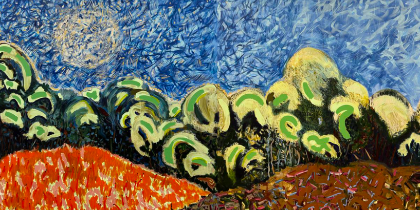 Dabas ainava spilgtās krāsās ar ornažiem pakalniem. dzelteni zaļiem koku puduriem un sauli zilās debesīs  