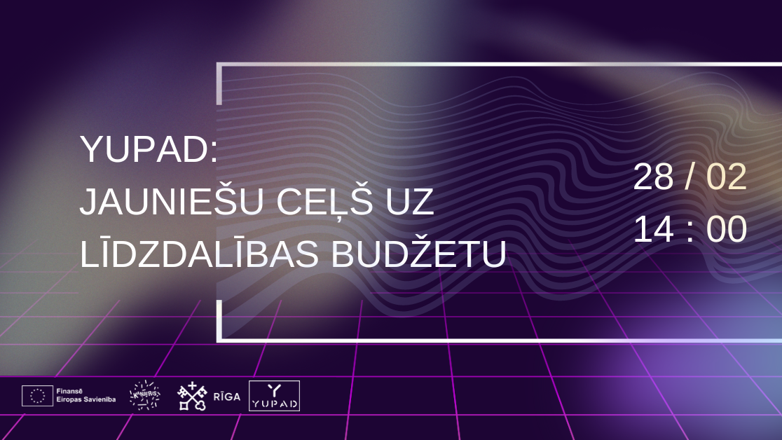 Violets fons un baltu burtu teksts, kas aicina apmeklēt jauniešu konferenci