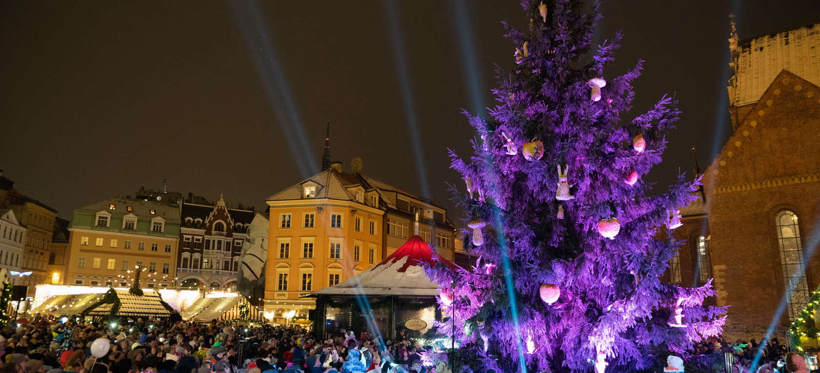 Doma laukumā iemirdzējusies pirmā Rīgas egle