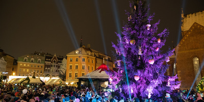 Doma laukumā iemirdzējusies pirmā Rīgas egle